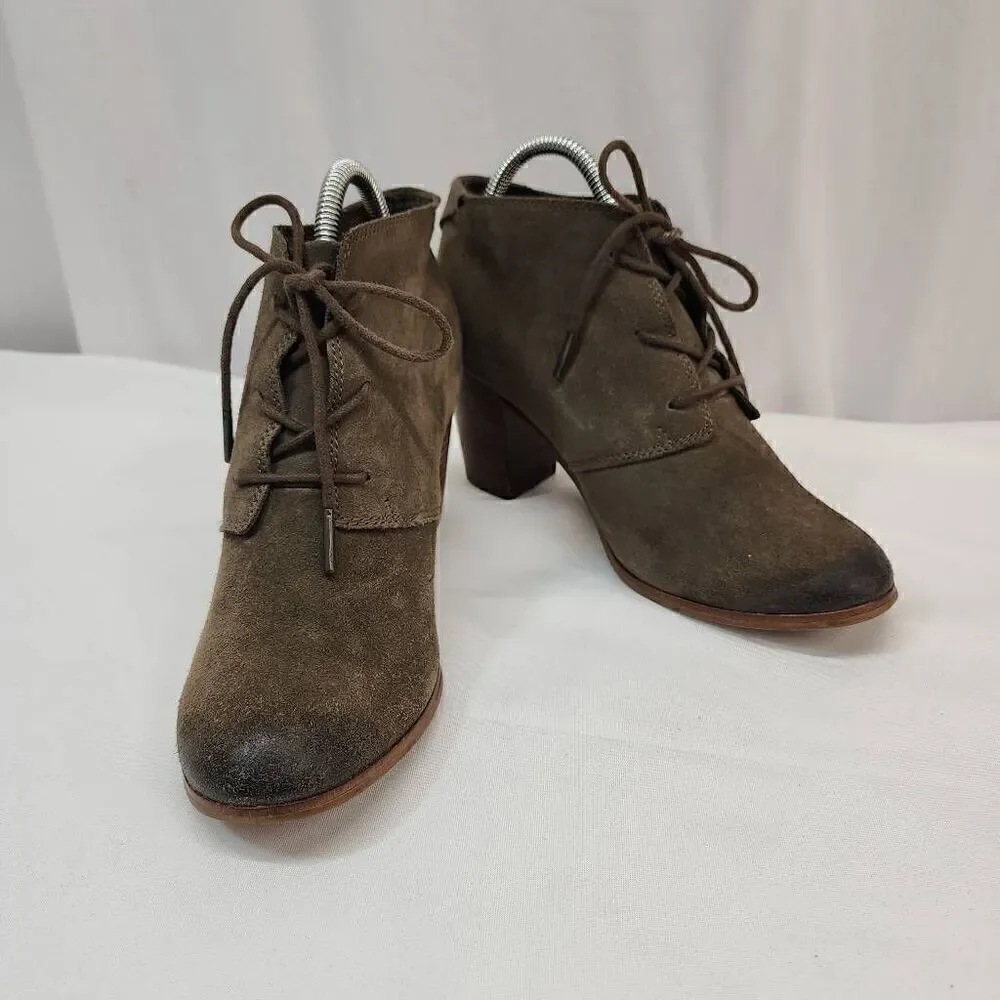 Toms Size 9 Lunata Tarmac Gray Suede Lace-Up Distressed High Heel Boots shoes Wo